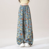 Синие летние штаны, в цветочек, эластичная талия, на шнурках, свободный крой, подходит для подростков