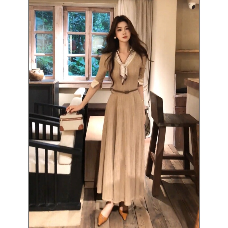 Retro Khaki Fake Two-Piece Mid-Sleeve Knitted Dress for Women, Autum Style, Slim-Fitting, Waist-Cinching, Long Skirt