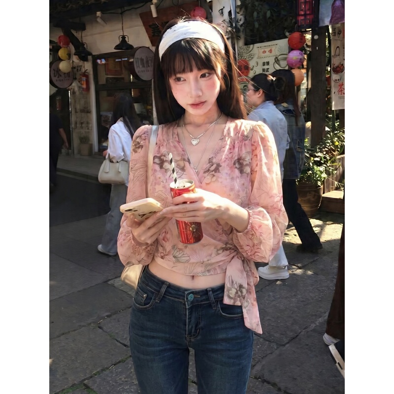 Pink V-Neck Floral Chiffon Long-Sleeved Shirt for Women, Summer Sexy Pure Desire Style, Tie-Waist, Stunning Short Top