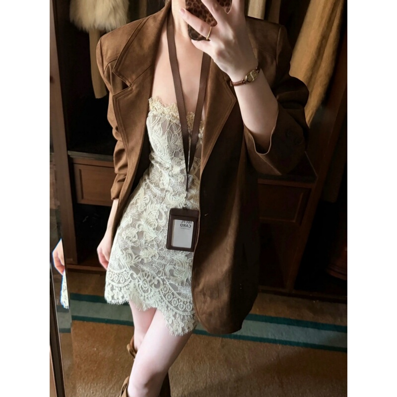 American Retro Brown Lapel Suede Blazer for Women, Autumn High-Fashion Casual Loose Suit Jacket