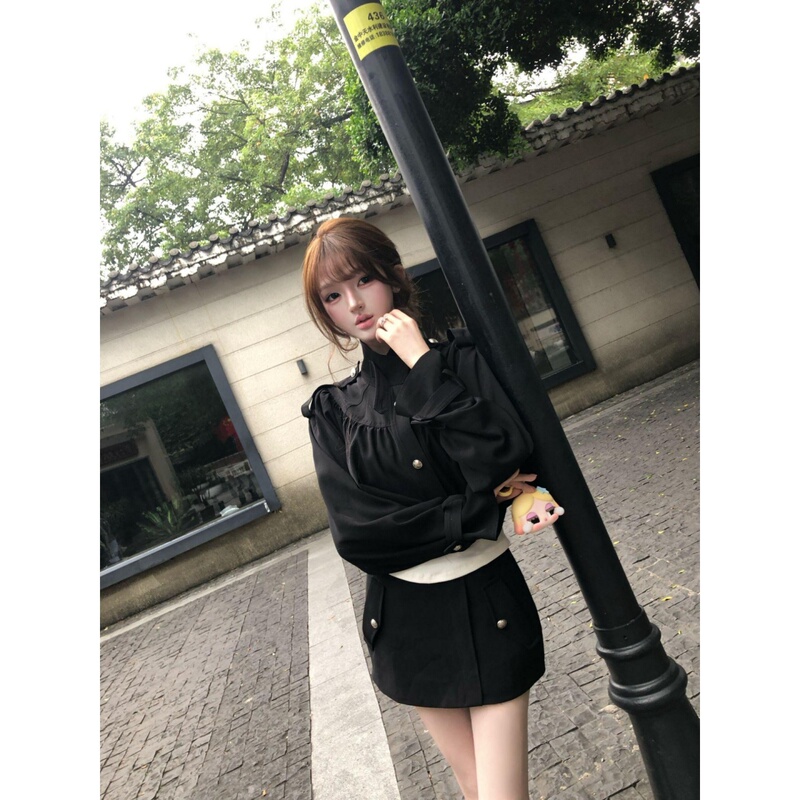 Korean Style Suit for Women in Autumn, Petite Size, Casual Black Workwear Cape Jacket and Hip-Hugging Skirt Two-Piece Set