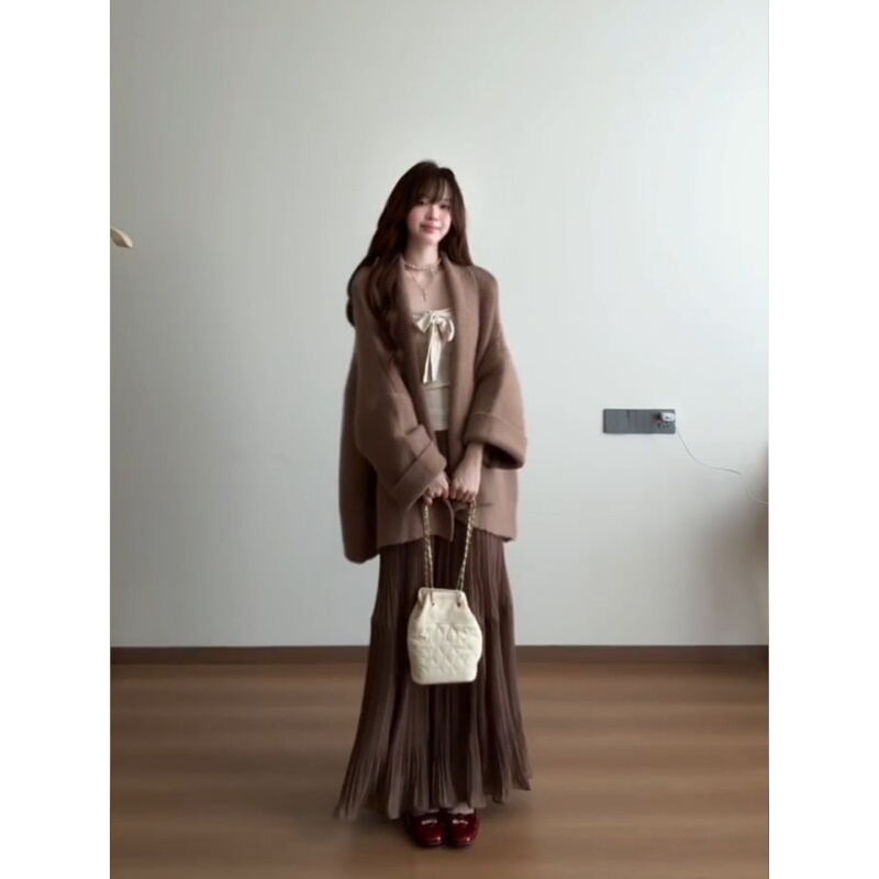 Lazy Style Brown Long-Sleeved Knitted Cardigan Sweater for Women in Early Spring Korean Style Loose Casual Mid-Length Coat for Small People