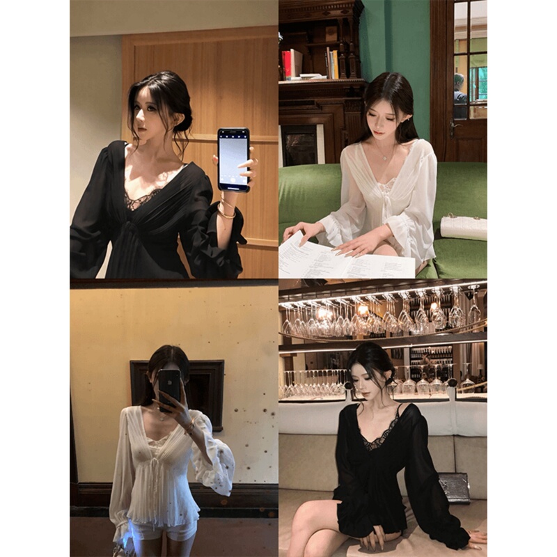 French Black Lace Chiffon V-Neck Long-Sleeved Shirt for Women in Early Autum, Elegant Waist-Cinching, Stunning and Sexy Top for Hot Girls French Black Lace Chiffon V-Neck Long-Sleeved Shirt for Women in Early Autum, Elegant Waist-Cinching, Stunning and Sexy Top for Hot Girls