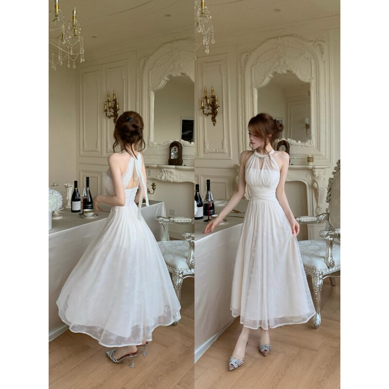 French-Style White Lace Halter Neck Backless Dress for Women, Summer Elegant Pure and Sexy Birthday Dress, Waist-Cinching Long Dress French-Style White Lace Halter Neck Backless Dress for Women, Summer Elegant Pure and Sexy Birthday Dress, Waist-Cinching Long Dress