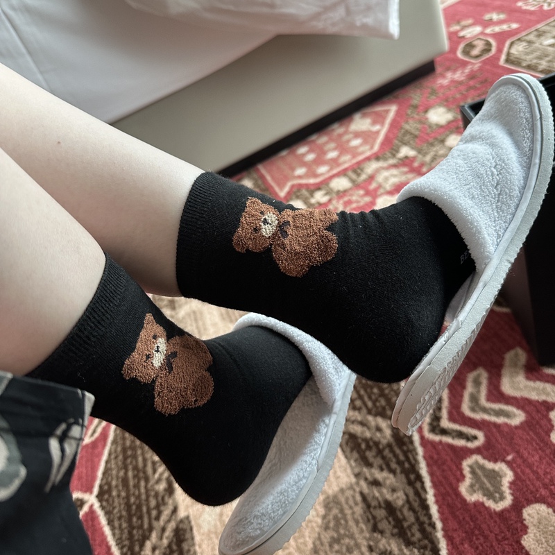 Cute Teddy Bear Socks Imported Cartoon Teddy Bear Pure Cotton All-Over Print Bear Striped Solid Color Sports Socks College Style