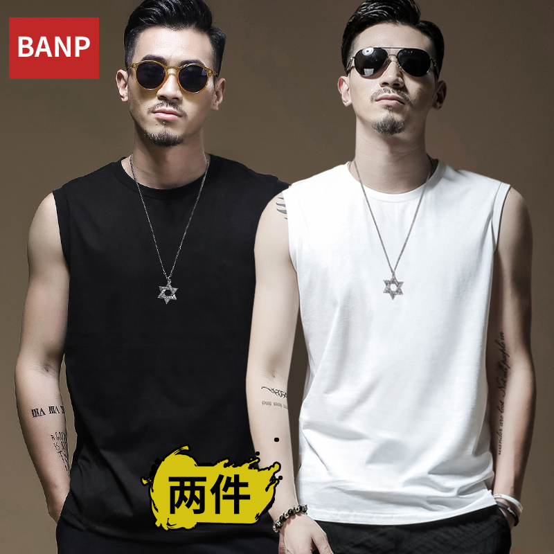 2ピース]メンズ純綿スポーツベスト夏用、アメリカンスタイルの白いトレンディなハンサムなウエストコート、ハードルフィットネスノースリーブTシャツ