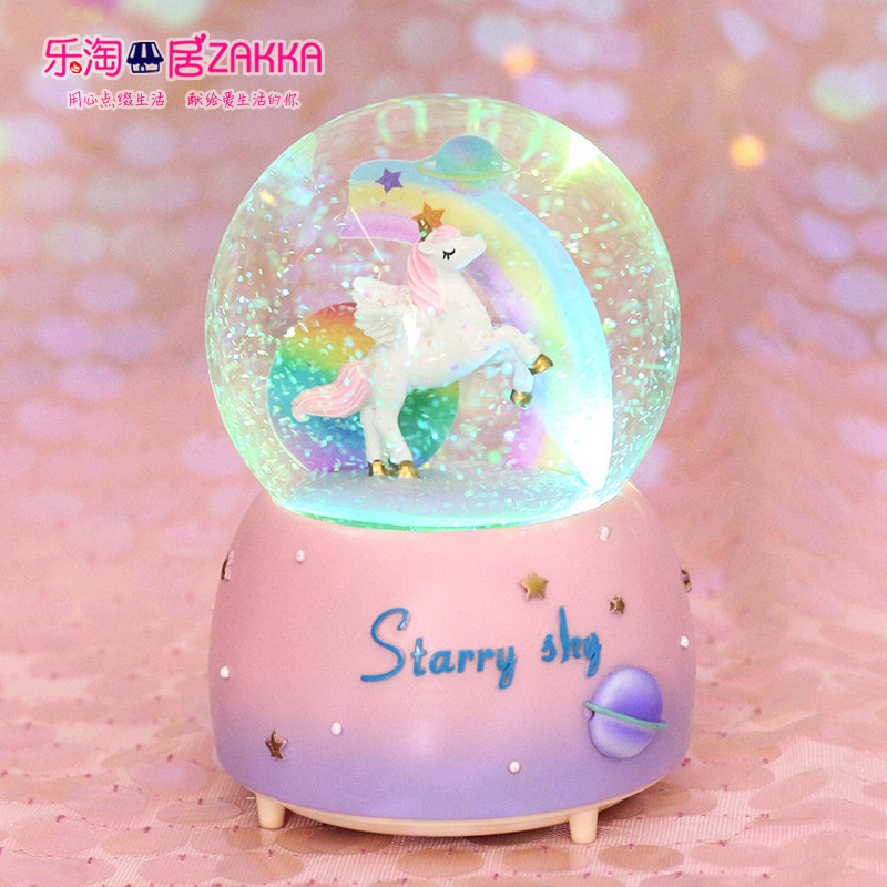 Dream rainbow unicorn crystal ball with snowflake music box Music box to send children's girl birthday graduation gift