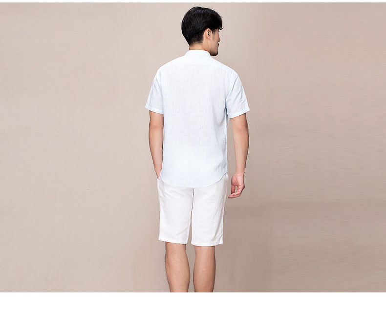 Hanp Han Ma gia đình linen nam ngắn tay áo sơ mi nam thời trang áo sơ mi linen phần mỏng ánh sáng màu xanh cổ áo sơ mi áo sơ mi cộc tay nam