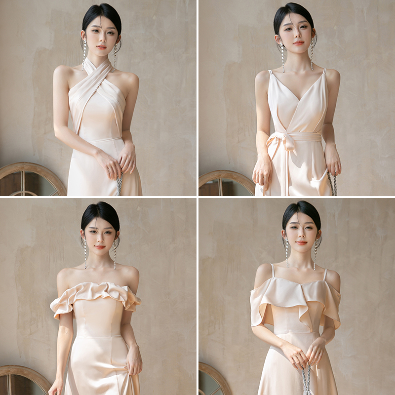 Champagne-Colored Satin Bridesmaid Dress 2026 New Niche High-End Sister Group Dress Women Can Wear Casually in Summer