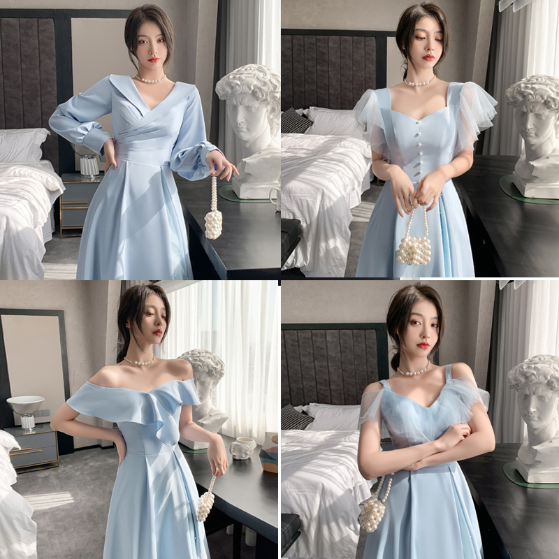Blue Satin Bridesmaid Dress 2026 New Summer Long-Sleeved Sister Group Dress Slimming High-End Niche Dress