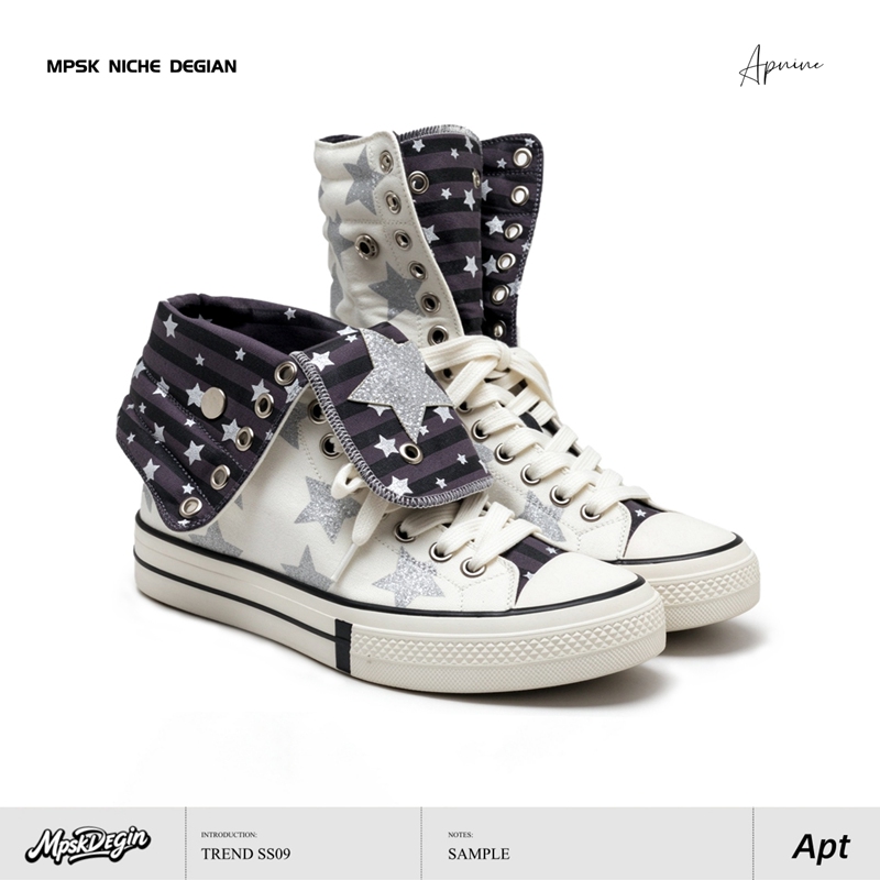 Mpsk Silver-White Star Print Vulcanized Canvas Shoes Trendy Roll-Up Tongue Men's Shoes Invisible Height-Increasing Couple Sneakers