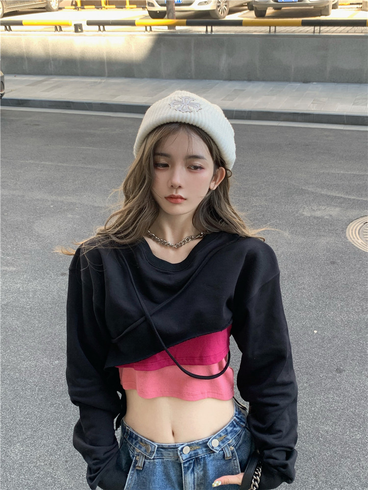 Lisa's same style of jazz design jazz dance short style navel dance top clothes layered sweater blouse women's tide