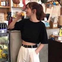 High waist navel short loose large size drawstring short sleeve jazz style womens dancing clothes hot girl top jazz jazz