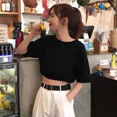 High waist navel short loose large size drawstring short sleeve jazz style women's dancing clothes hot girl top jazz jazz