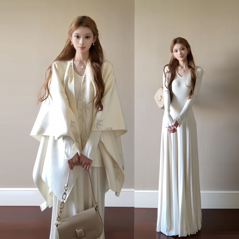 A Complete Set of High-End Cape Shawl Long-Sleeve Dress and Long Skirt Outfit for Women in Autumn and Winter A Complete Set of High-End Cape Shawl Long-Sleeve Dress and Long Skirt Outfit for Women in Autumn and Winter