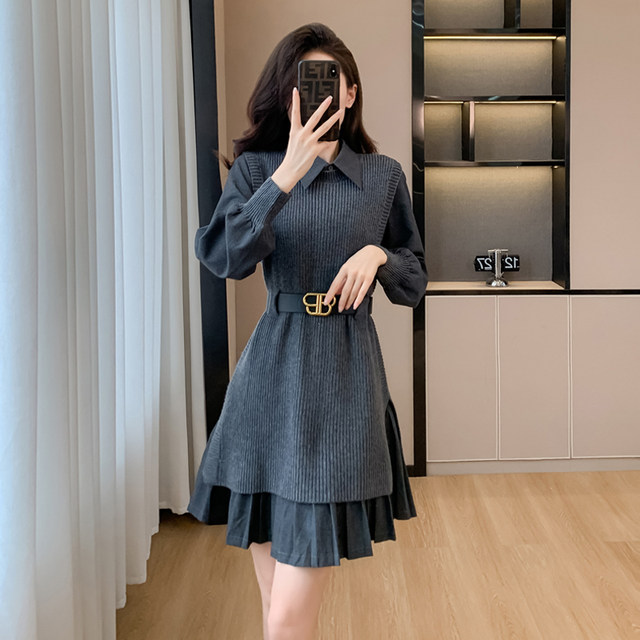 French knitted dress women's spring 2024 new temperament waist slimming Hepburn style shirt dress two-piece set