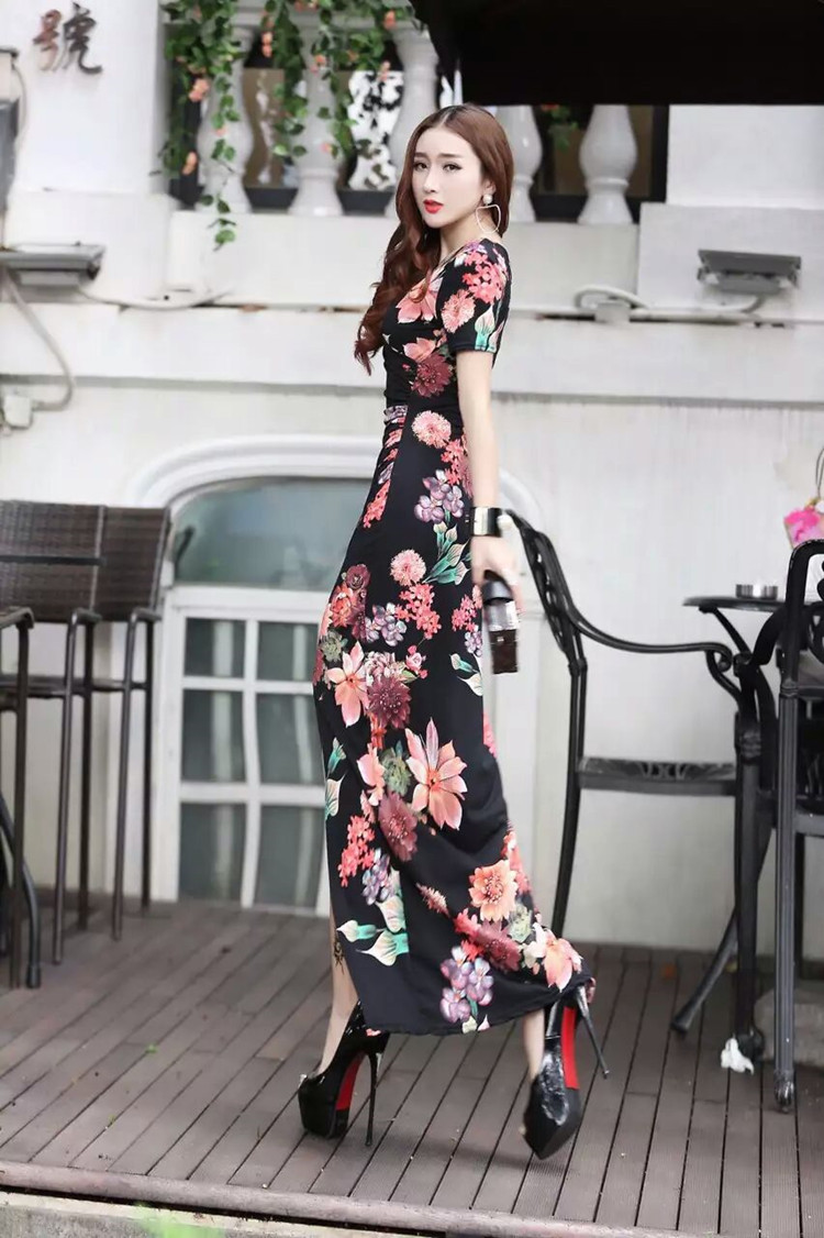 Châu âu và Hoa Kỳ mùa hè của phụ nữ new sexy V-Cổ slim slimming bag hip khe cao ăn mặc thời trang in ăn mặc nữ đầm dài tay trẻ trung
