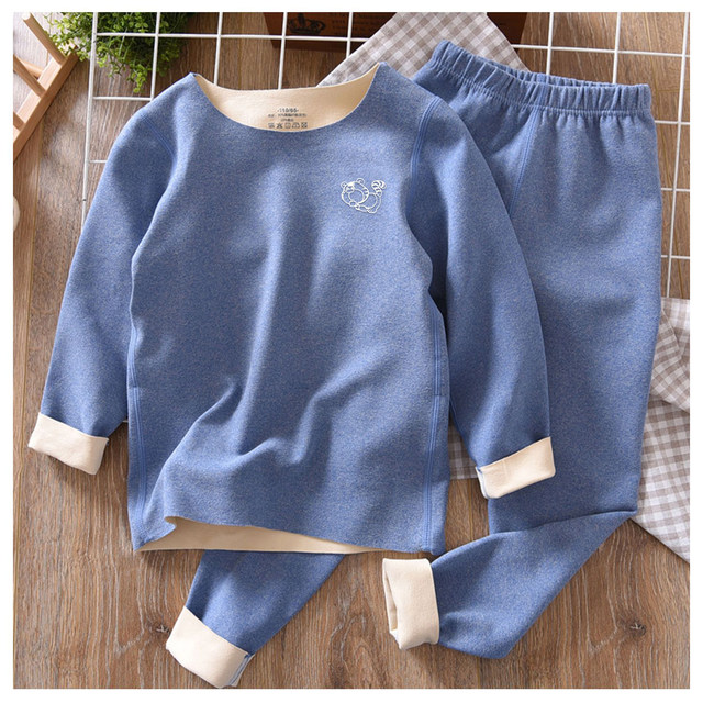 Children's seamless autumn clothes and long pants suit boys plus velvet girls baby thermal underwear thickened double-sided velvet winter