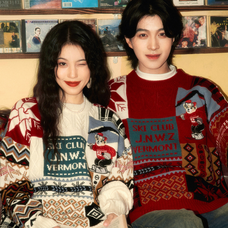 Wine Balls Aloha Retro Lazy Fair Isle Sweater Christmas New Year Couple Outfit Knitwear Autumn and Winter Top