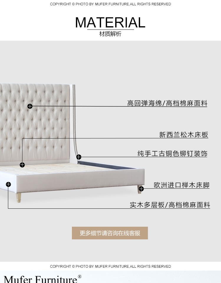 Fei Mu cao cấp đồ nội thất Mỹ tân cổ điển châu Âu sồi 1.51.8 m GC525 giường vải kép - Giường giường lưới