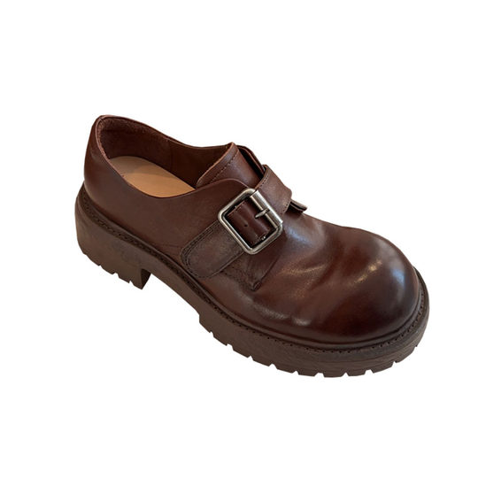 Washed horsehide retro distressed small leather shoes for women with medium heel, thick heel, belt buckle, Velcro lace, British large-toe shoes