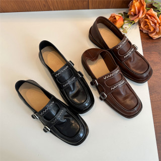 Handmade Shoes, Washed Horse Leather, Wrinkled Loafers, Women's Soft Leather Slip-On Shoes, British Style Small Leather Shoes, Mid-Heel Square-Toe Derby Shoes