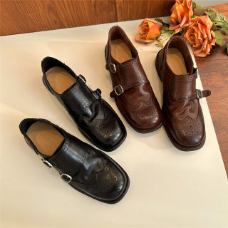 Washed Horsehide Brogue Carved Loafers for Women, Soft Leather Slip-On British Style Small Leather Shoes, Mid-Heel Derby Shoes, Single Shoes