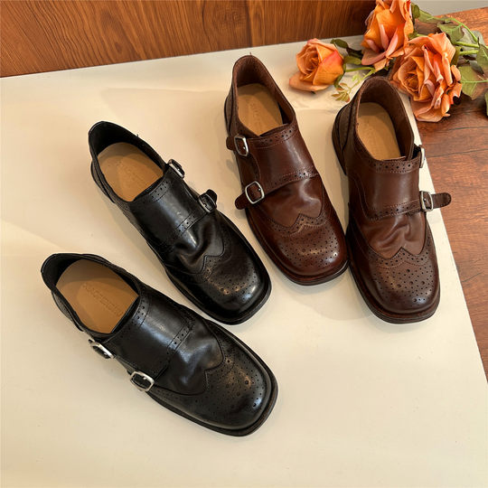 Washed horsehide brogue carved loafers for women soft leather step-on British style small leather shoes mid-heeled derby shoes single shoes