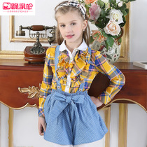 Girls' Blue Plaid Shirt Spring Autumn English Children's Tops Cotton Long Sleeve Shirt Girls Big Girl Shirt