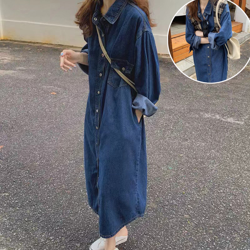 Vintage Denim Dress for Women 2025 Loose Popular Style Korean Dongdaemun Long-Sleeve Polo Collar Shirt Long Skirt Vintage Denim Dress for Women 2025 Loose Popular Style Korean Dongdaemun Long-Sleeve Polo Collar Shirt Long Skirt