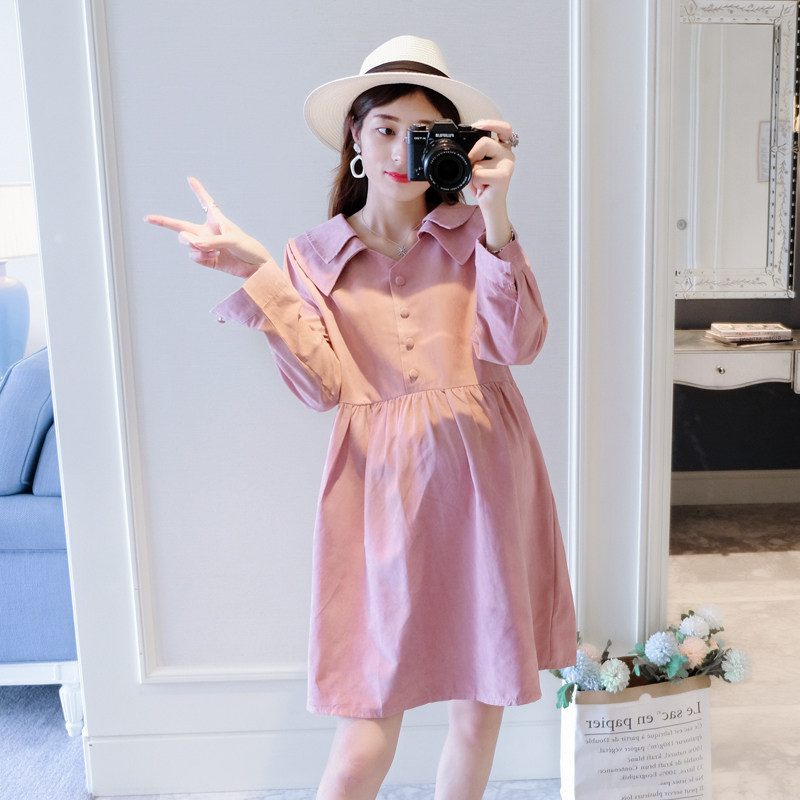 Pregnant women's autumn dress sweet Korean version loose trendy mother's skirt mid-length doll style pregnant woman shirt skirt
