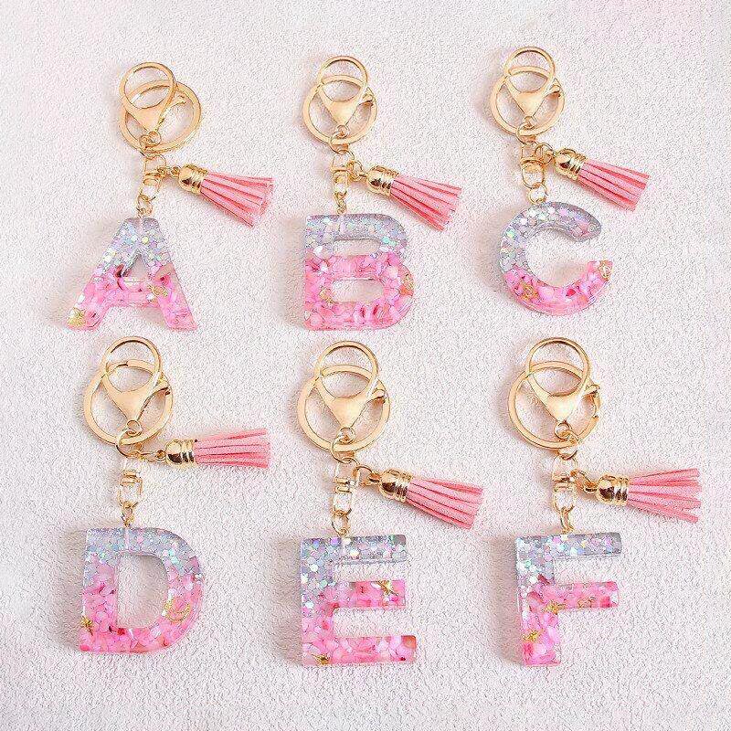 Glitter 26-Letter English Alphabet Tassel Keychain Pendant Epoxy Resin Pendant Simple European and American Style Personalized Keychain