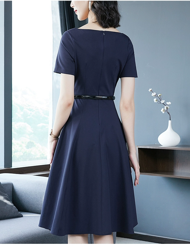 Đầm công sở màu xanh chuyên nghiệp thắt lưng giảm béo 2019 thời trang hè mới dài ol đi lại cổ chữ V - Sản phẩm HOT