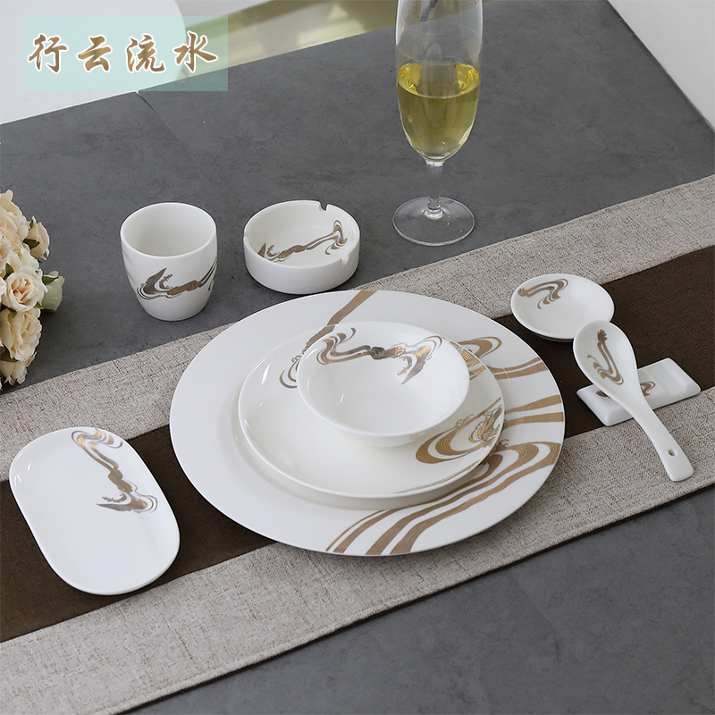 Hotel Swing Table Tableware Hotel Supplies Brief Ceramic Dishes Creative Dining Room Table Noodles Four Sets of Cloud Flowing Water