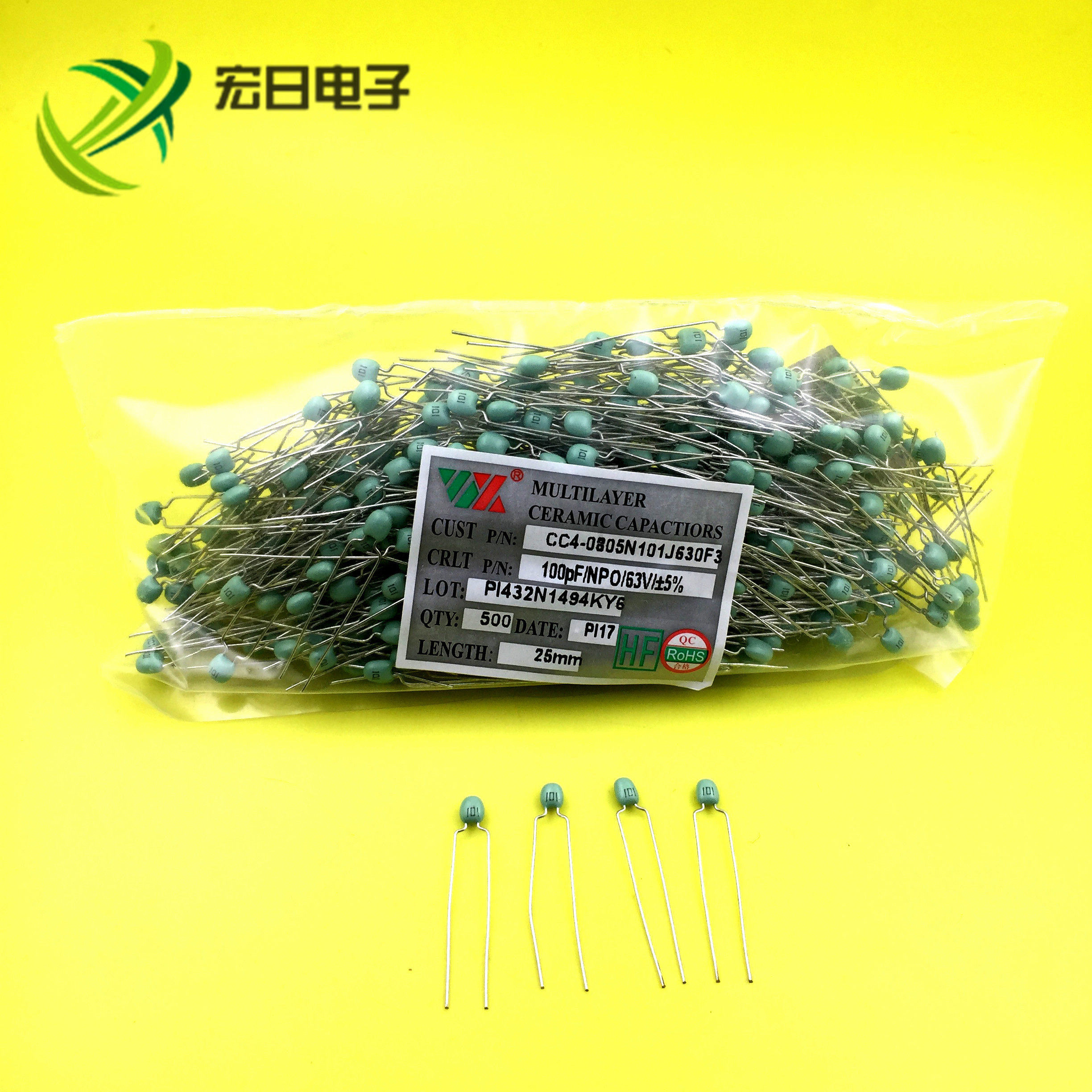 High quality CC4-0805N101J 63V-100P 100PF 50V Cellular capacitor green paint long foot porcelain capacitor