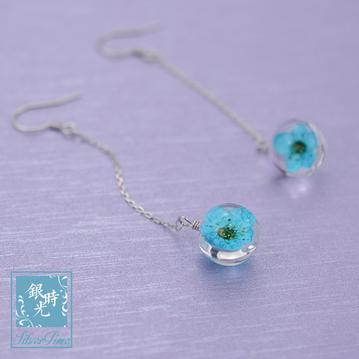 Silver Time S925 Sterling Silver Earrings Time Glass Ball Blue Peach Blossom Tassel Earhook Earrings Art Earrings Women