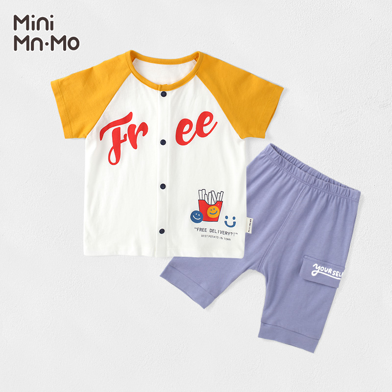 Bo En Bo love 2021 Summer Glacier pure cotton cardigan jacket suit male baby boy thin short-sleeved detachable crotch two-piece set