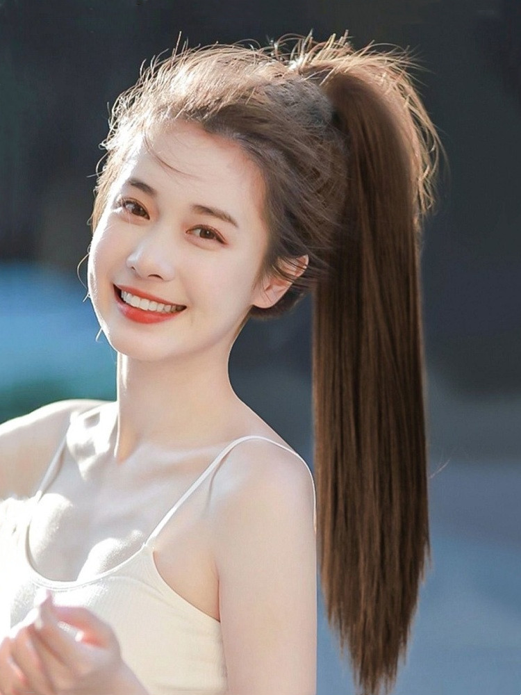 Straight hair ponytail wig full real hair clip type age reduction medium and long hair Internet celebrity ancient style high ponytail realistic natural braid