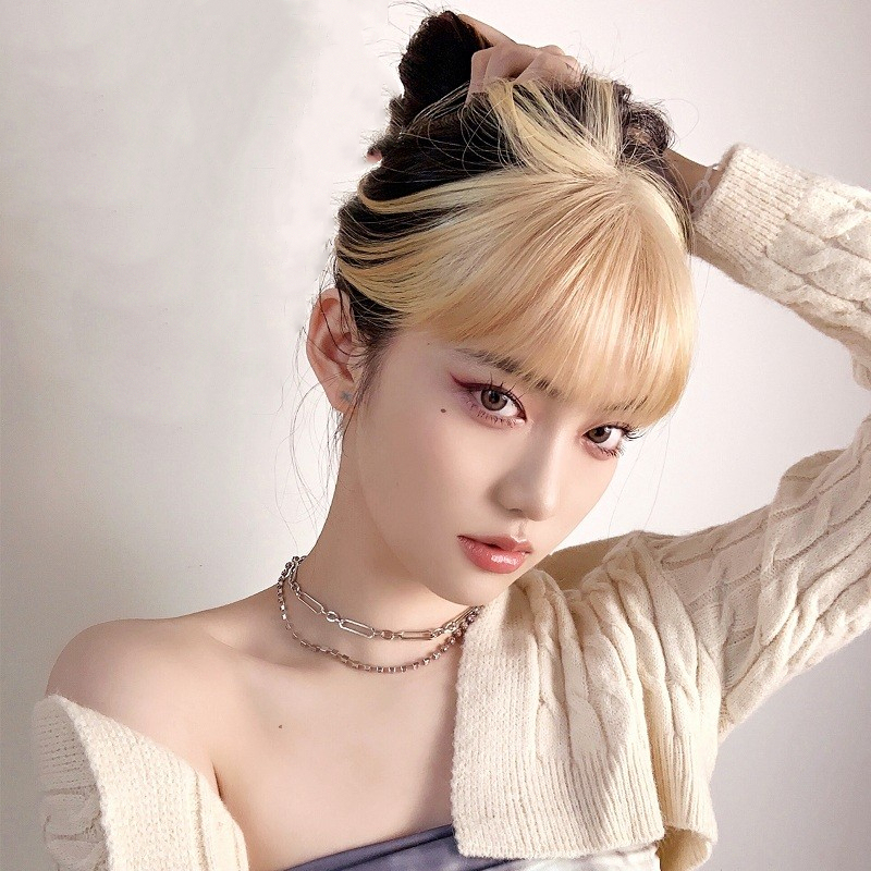 Highlight Bangs Wig for Women, Platinum Blonde Y2K Millennial Hot Girl Style, 3D Bangs on Top of Head, Real Hair Can Be Dyed in Color