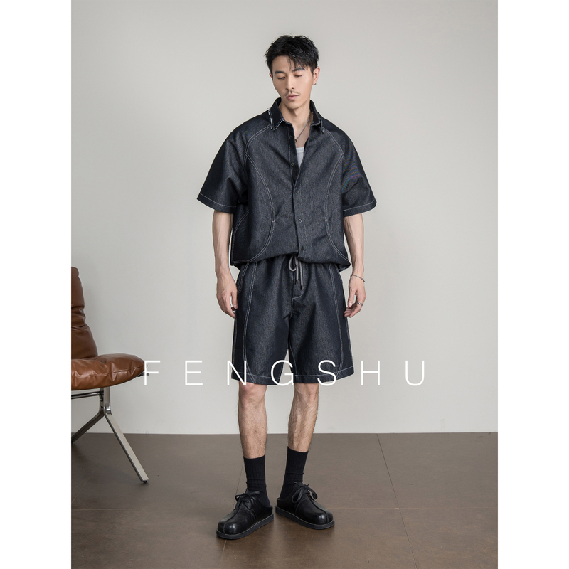 Fengshu「Classic Denim Blue」Denim Suit for Men, Breathable, Loose, Vintage Shirt and Shorts Two-Piece Set, Summer Fengshu「Classic Denim Blue」Denim Suit for Men, Breathable, Loose, Vintage Shirt and Shorts Two-Piece Set, Summer