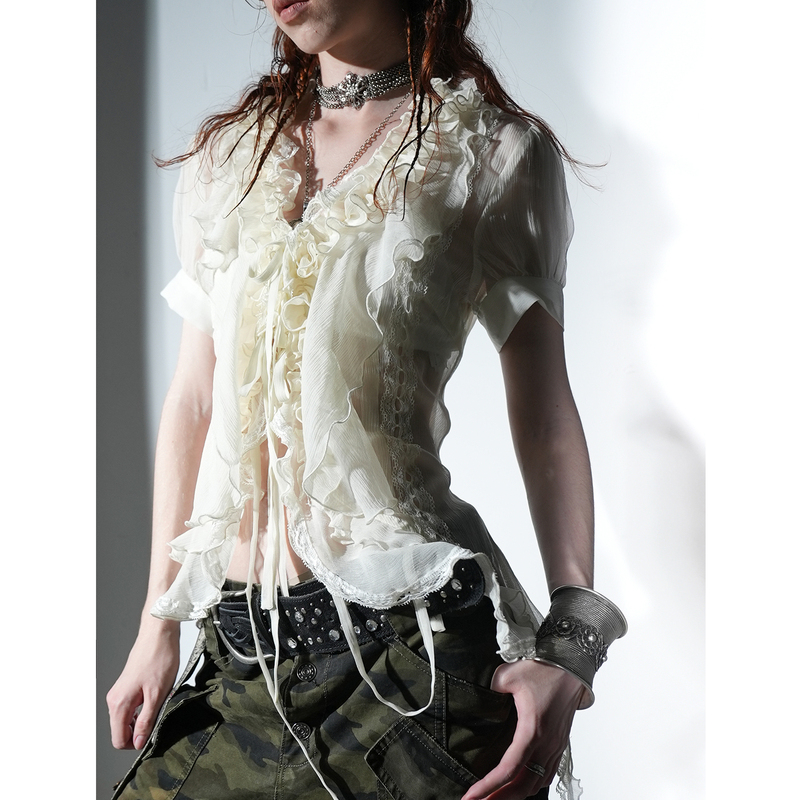 Doublepunch Spring and Summer Original Textured Gauze Multi-Layered Ruffled Irregular Hem "Jellyfish" Shirt Doublepunch Spring and Summer Original Textured Gauze Multi-Layered Ruffled Irregular Hem "Jellyfish" Shirt