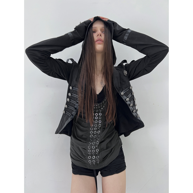 Doublepunch Spring and Summer Original Knight Element Patchwork Leather Washed Cotton Short Long-Sleeved Napoleon Jacket Doublepunch Spring and Summer Original Knight Element Patchwork Leather Washed Cotton Short Long-Sleeved Napoleon Jacket