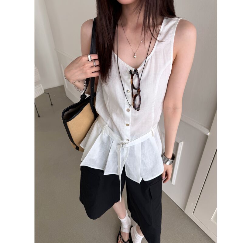 Unique Design Sleeveless Halter Neck Cinched Waist Top for Women, Super Popular Summer Outerwear, Stunning White Linen Tank Top for Hot Girls Unique Design Sleeveless Halter Neck Cinched Waist Top for Women, Super Popular Summer Outerwear, Stunning White Linen Tank Top for Hot Girls