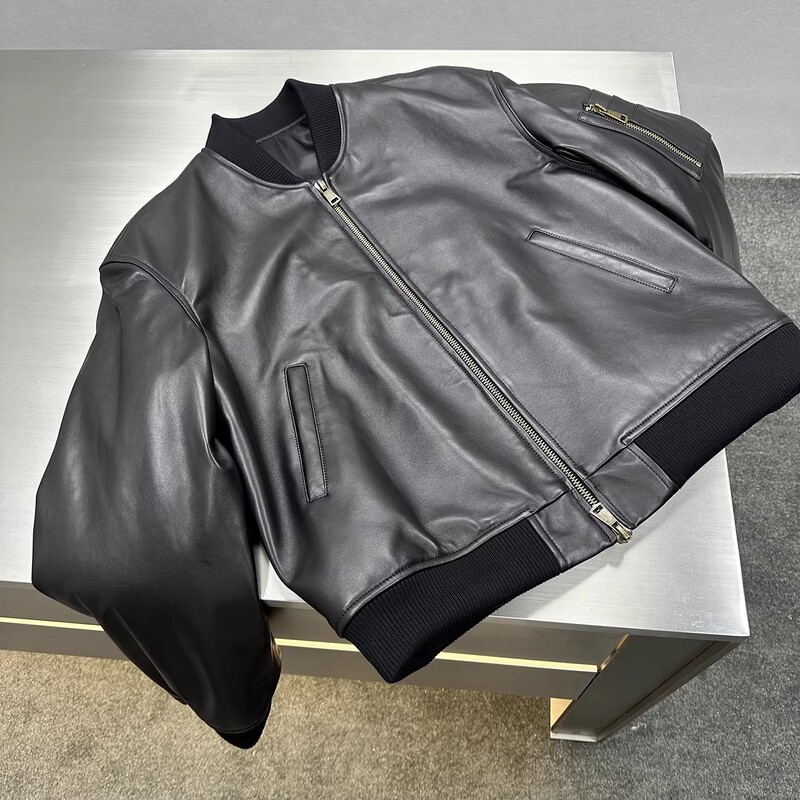 Ftntrend "Bomber" Sheep Leather Baseball Jacket, Pilot Leather Jacket, Padded Loose Coat