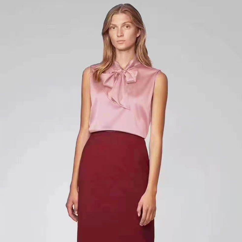 Premium Sale: German Designer Commuter Ribbon Sleeveless Silk Shirt, Solid Color Mulberry Silk Women's Clothing 3213
