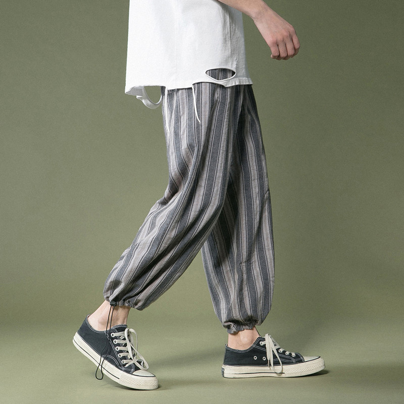China Wind Striped Casual Pants Men Loose Ice Silk 90% Pants Men's Clothing Bouquet Legged Pants Men's Summer Trends