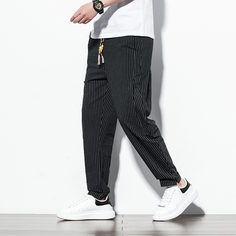 Striped nine-point pants men's summer thin section sports beam wide-leg pants men's loose straight casual pants trend