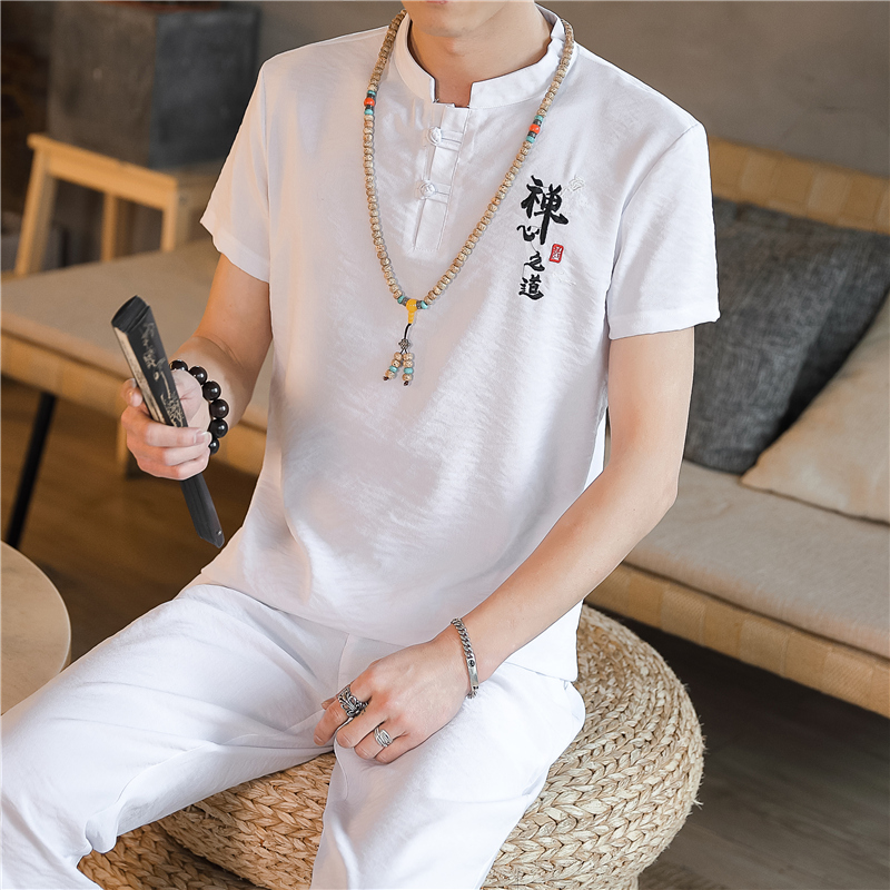 Quần Short-Sleeve Chinese Gió Tang nam Set Summer Anti-lanh Loose Vintage thêu Zen Fashion Trend