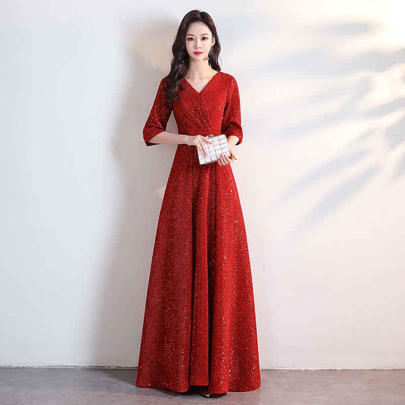 2024 New Style Bride Wedding Toast Dress Long Red Banquet Annual Meeting Evening Dress Performance Dress Choir