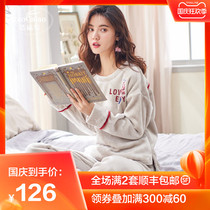 Pajamas womens autumn and winter cute suits coral velvet thickened plus velvet winter Korean long sleeve furry warm home wear